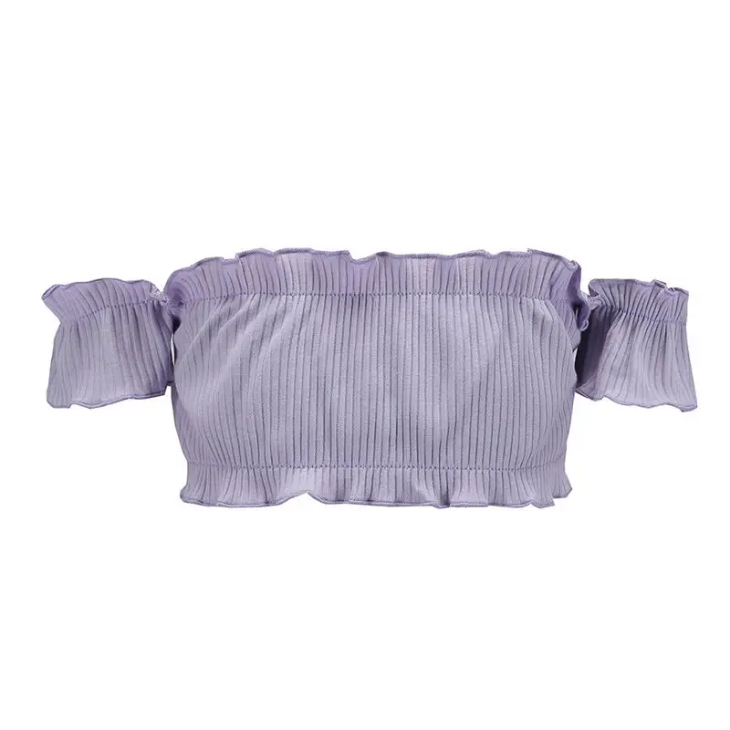 Sexy Off Shoulder Ruffles Knitted Crop Short Tops For Women Sleeved t-Shirts Girls Summerwear Cool Candy Color | Женская одежда