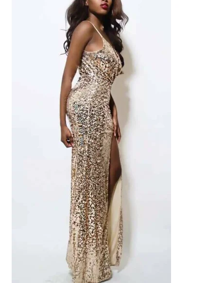 Deep V Neck Autumn golden Sequined Backless Sexy Dress Women Off Shoulder long Christmas Party Club Strap Dresses Vestidos | Женская