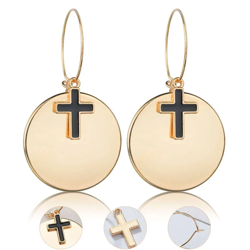 Women Fashion Drop Earrings Round Plat With Cross Wedding Party Trendy Jewelry Female Cute And Romantic Handmade Ear Cuff | Украшения и