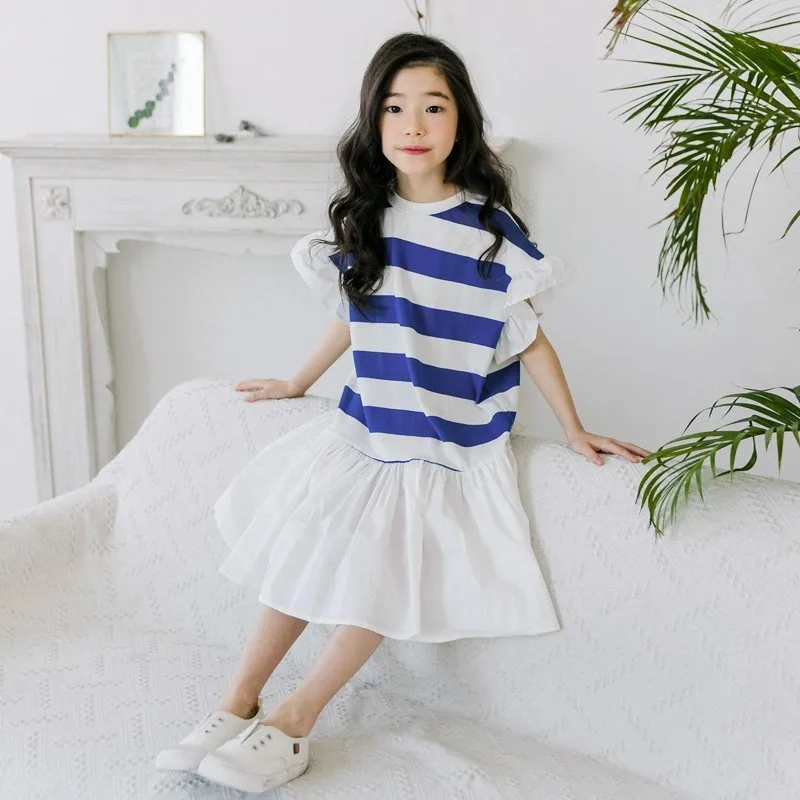 2019 Summer Girl Dress Baby Clothes Ruffles Long Teenage Kids Party O Neck Blue White Striped Clothing Fashion | Детская одежда и