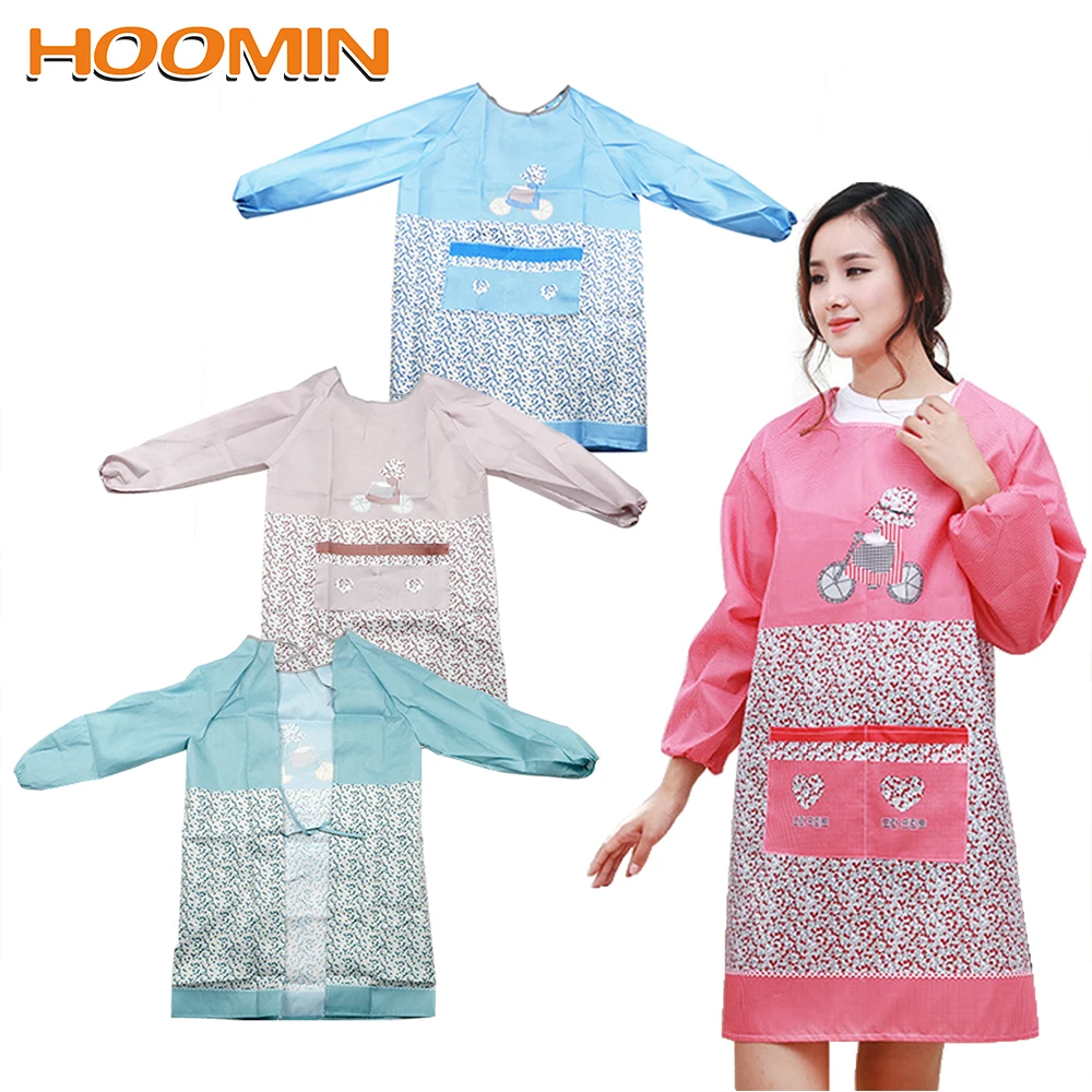 

HOOMIN Long Sleeve Apron Anti-oil Anti-fouling Dress Household Cleaning Tool Waterproof Little Flowers Apron Kitchen Accessories