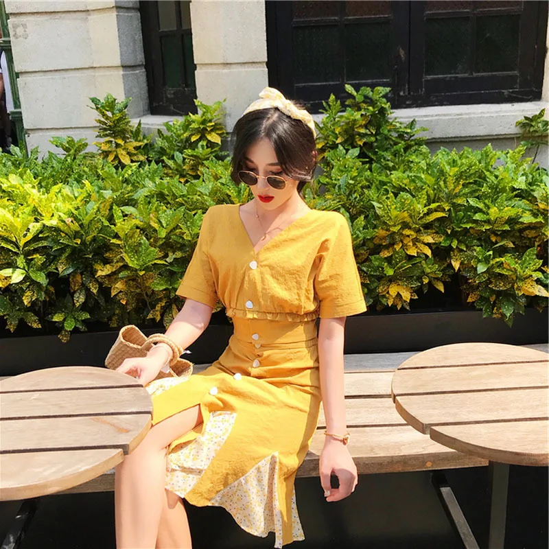 Комплект из 2 предметов: топ и юбка кружевное Сексуальное Желтое Платье До Колена