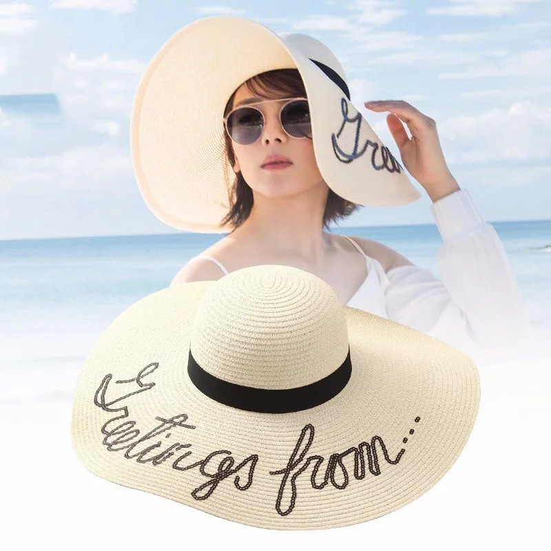 

New Brand Letter Lovely Pendant Woven Cap Big Brim Straw Hats For Women Shade Sunhat Beach Caps Casual Summer Beach Hats
