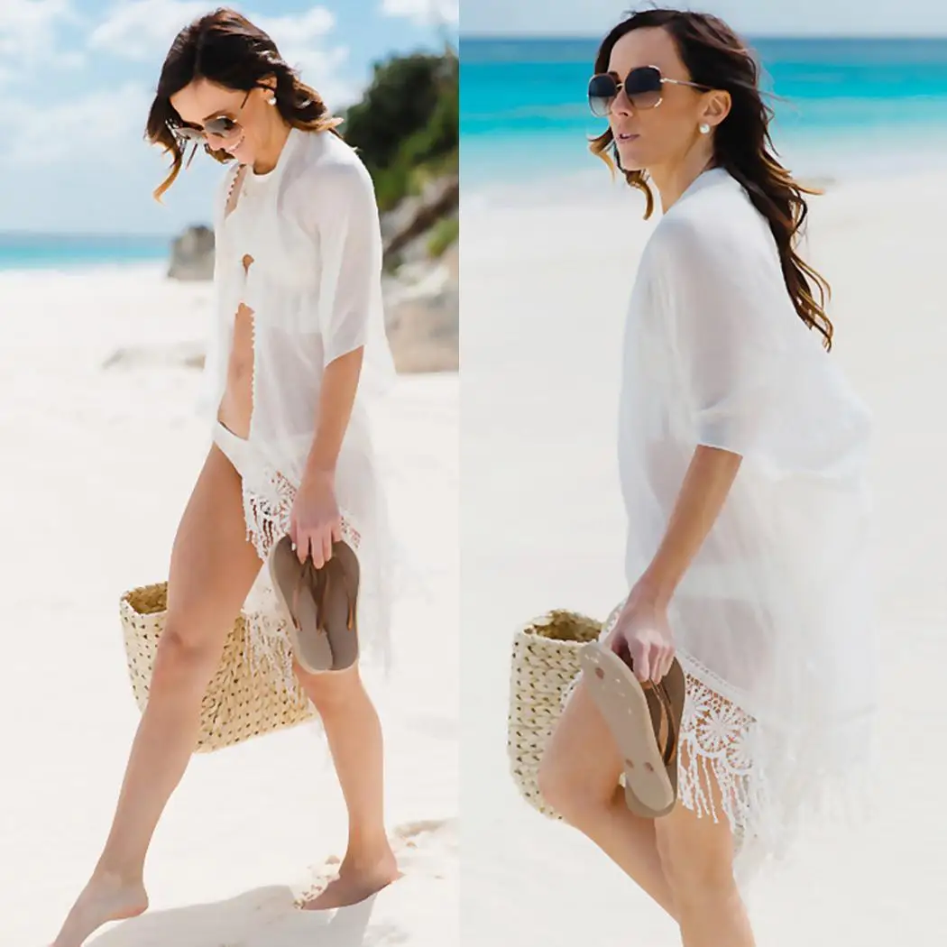 Women Sexy Loose Chiffon Solid Irregular Lace Batwing Sleeve Tassels Crochet tassels crochet. Bikini Cover-Up |