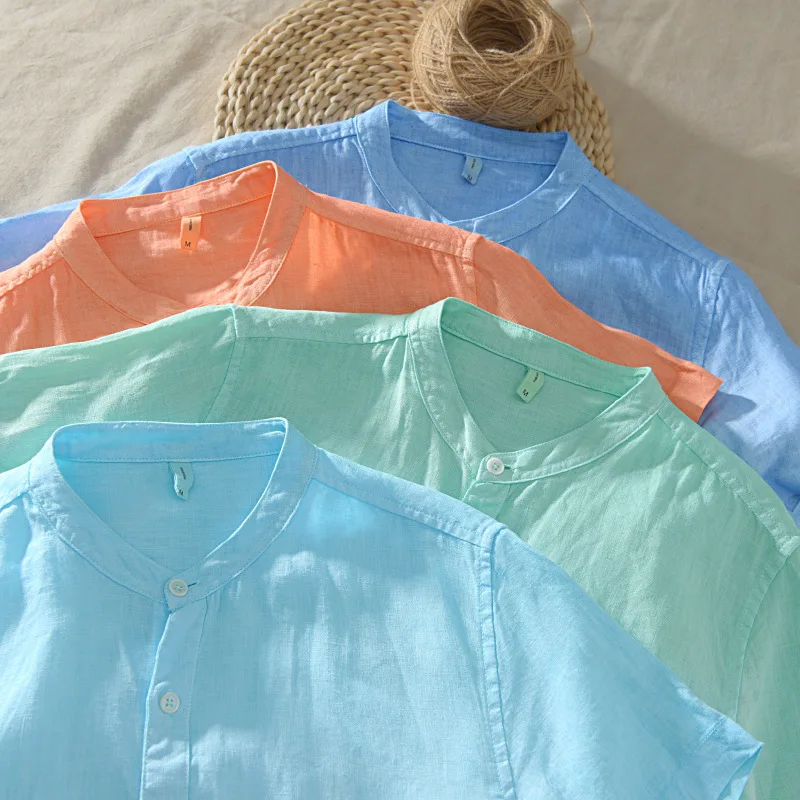 

#4722 Summer Short Shirt For Men Candy Color Stand Collar Slim Fit Loose Blue And White Linen Shirt For Man Thin High Quality