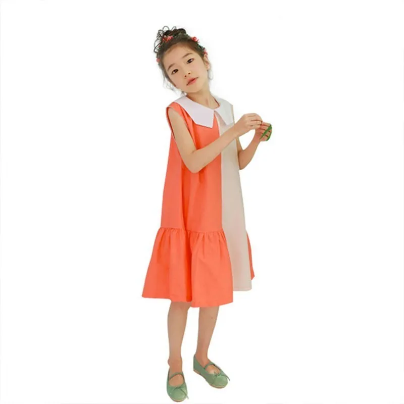 100% Cotton Patchwork Big Children Summer Dress Kids Dresses For Girls 2019 Peter Pant Collar Orange Blue Toddler Sundress Cute | Детская