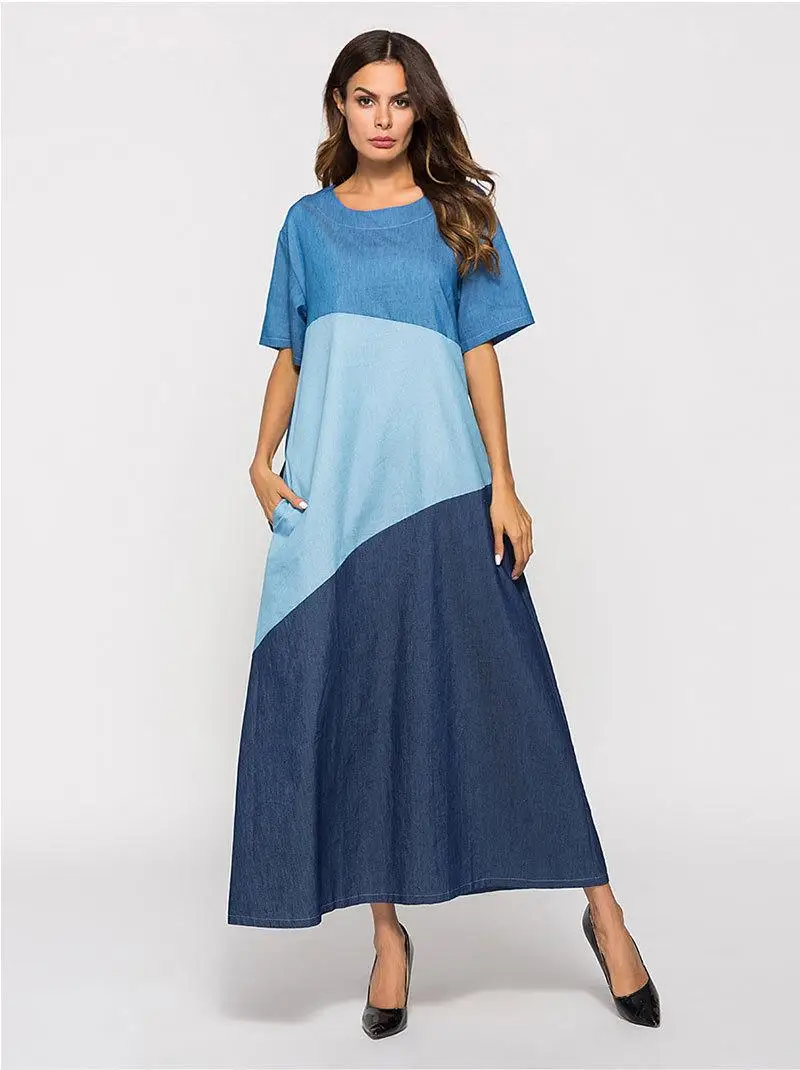 Женское мусульманское джинсовое платье в стиле пэчворк летнее макси с короткими