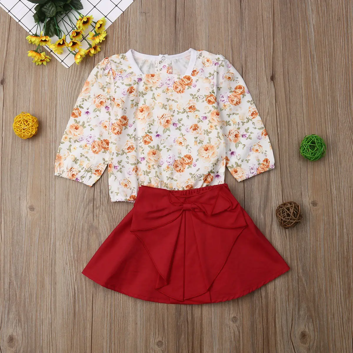 0-5Y Toddler Kids Baby Girl Floral T-shirt Tops A-line Skirt 2PCS Outfits Princess Girls Pageant Party Clothes Set | Детская одежда и