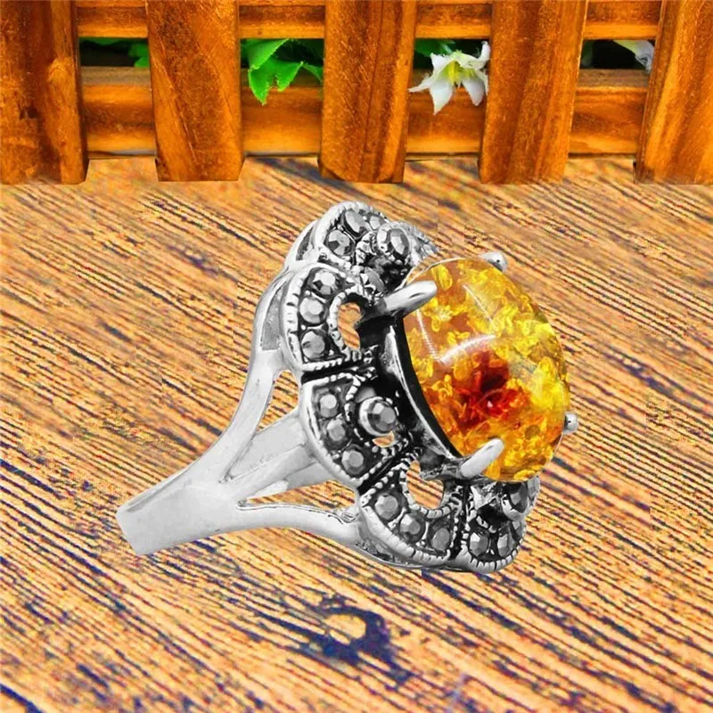 Oval Flower Resin Rings For Women Antique Silver Plated Rhinestone Plum Vintage Jewelry TR707|Кольца| |