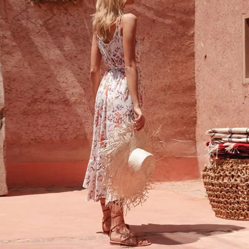 Женское пляжное платье с оборками Boho Пляжное цветочным принтом летнее глубоким