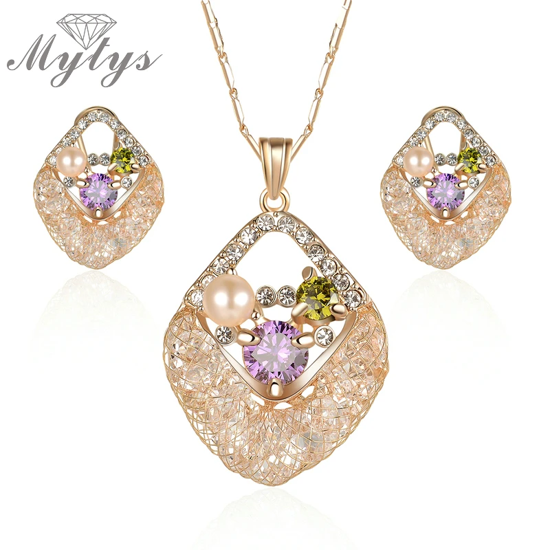 Mytys Limited Sale Pearl Crystal Pendant Necklace and Earring Sets Wire Mesh Net Jewelry for Women CN291 | Украшения и аксессуары