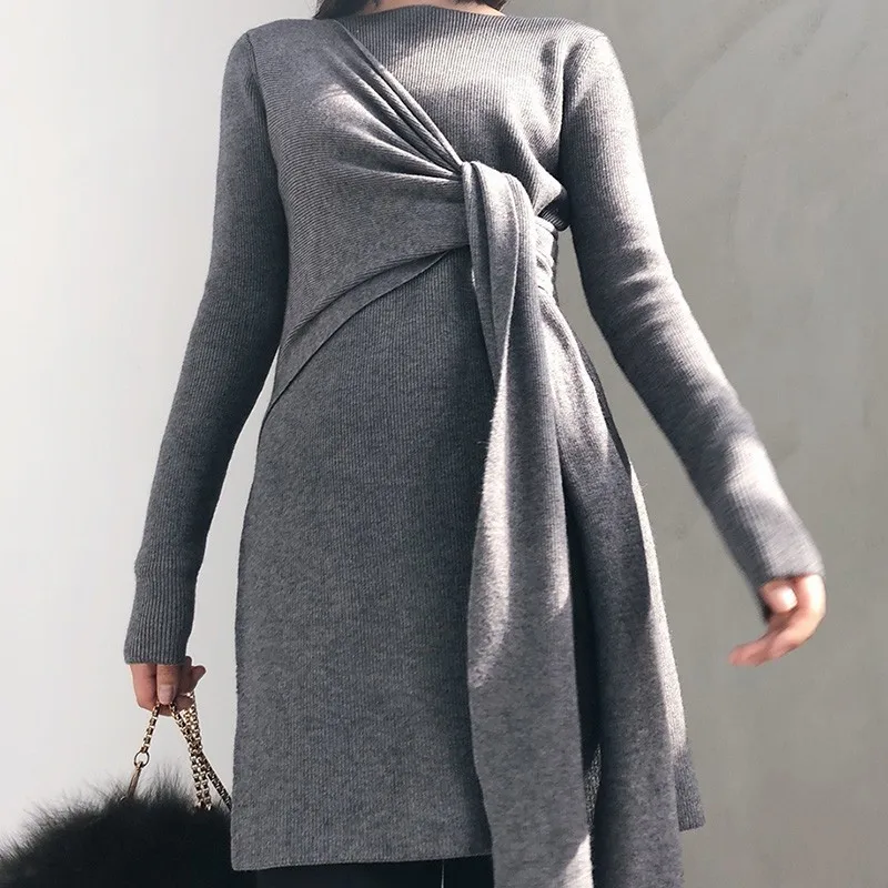TWOTWINSTYLE Knitting Pullover Tops Female O Neck Long Sleeve Bandage Side Split Sweater Women Casual Fashion 2020 Spring New | Женская