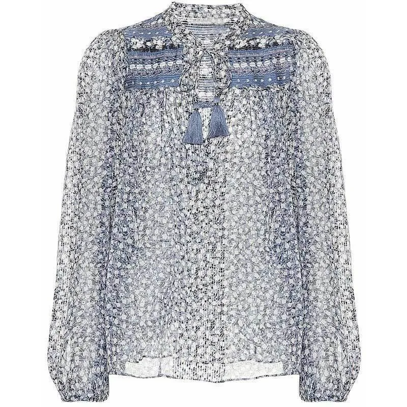 GALCAUR Summer Print Chiffon Blouse For Women O Neck Long Sleeve Tassel Bandages Loose Shirt Female Fashion 2020 Elegant | Женская