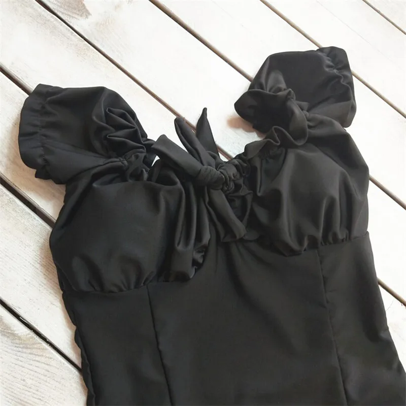 

2019 Women Ruffles Bikinis Short Sleeve Bandage Push-up Swimwear Swimming Clothes Solid Color Bikini Monokini One Piece Siwmsuit