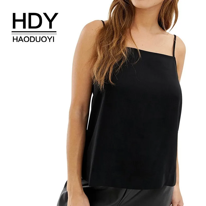 HDY Haoduoyi Femme простые однотонные черные повседневные топы на бретельках с круглым вырезом и регулируемым сплошным плечевым ремнем Новые популярные летние женские майки
