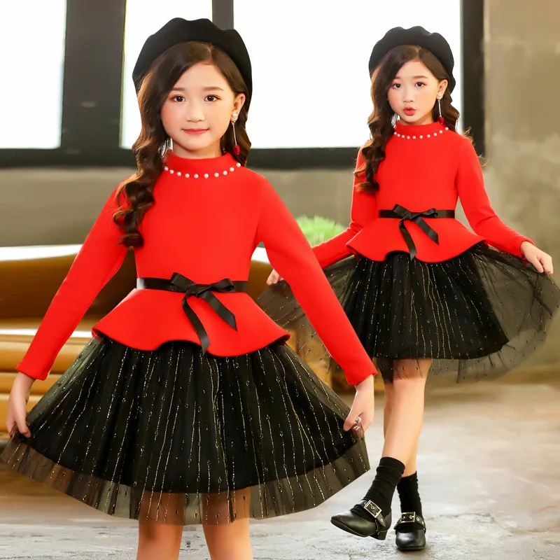 Kids Girls Warm Dress 2019 Autumn Winter New Princess Velvet Dresses Long Sleeve Red Black Mesh Knee Party Frocks 6 8 10 12 yrs | Детская