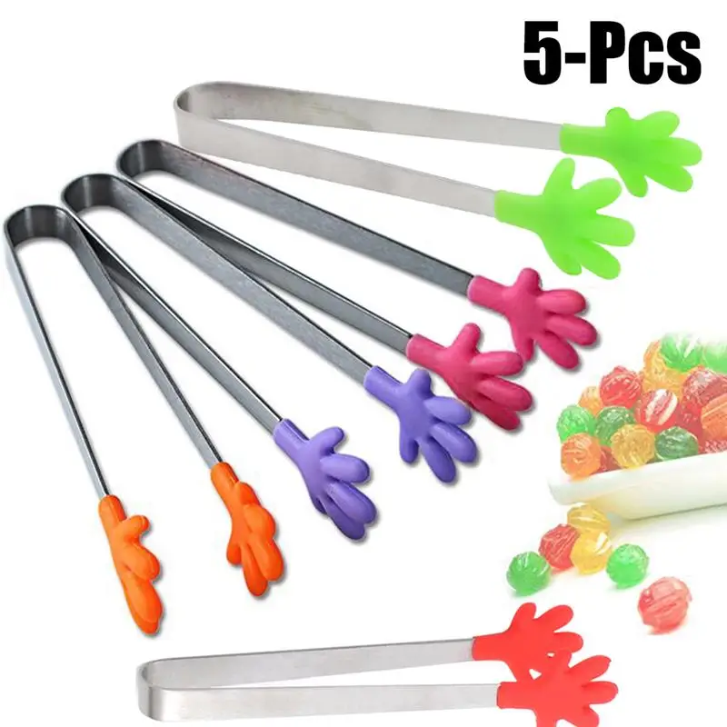 

4/5pcs Creative Small Palm Silicone Food Tongs Ice Candy Kitchen Stainless Steel Non-slip Mini Tongs Mini Food Serving Utensil