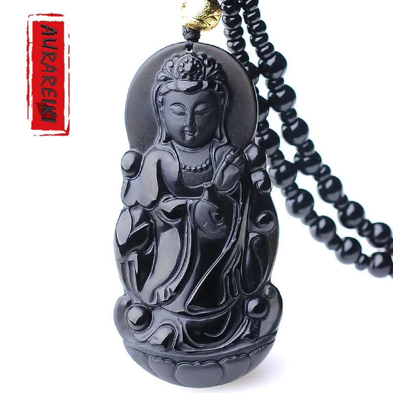 Ожерелье с подвеской AURAREIKI Obsidian Guanyin буддийский амулет Natrual резной кулон ретро