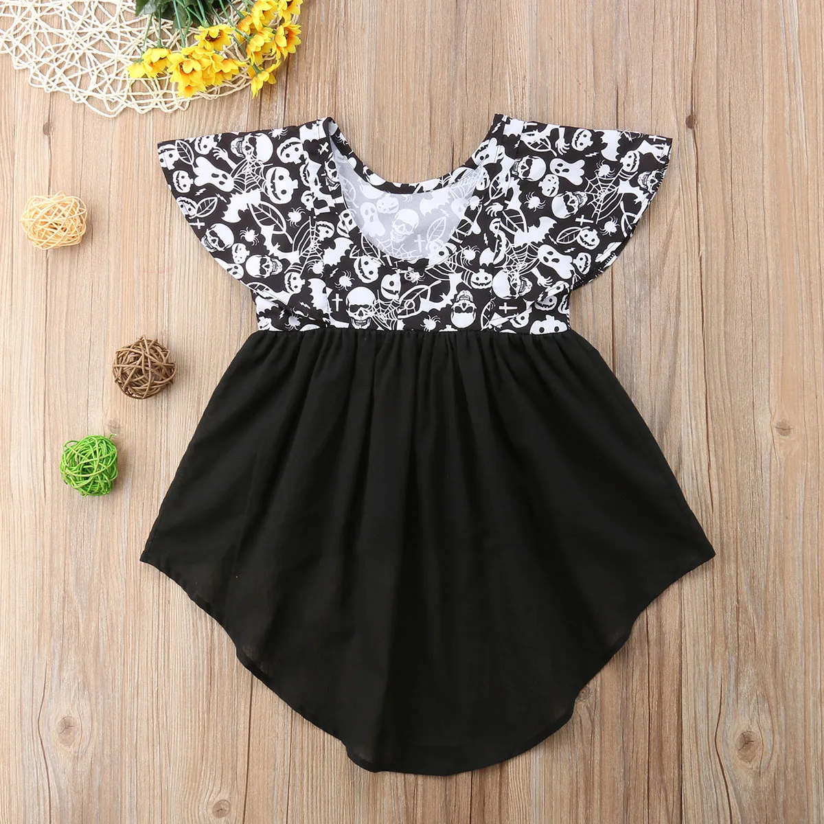 2018 Brand New Infant Toddler Kid Baby Girl Halloween Dovetail Dresses One-Piece Costumes Skull Pumpkin Ruffled Sleeveless Dress | Детская