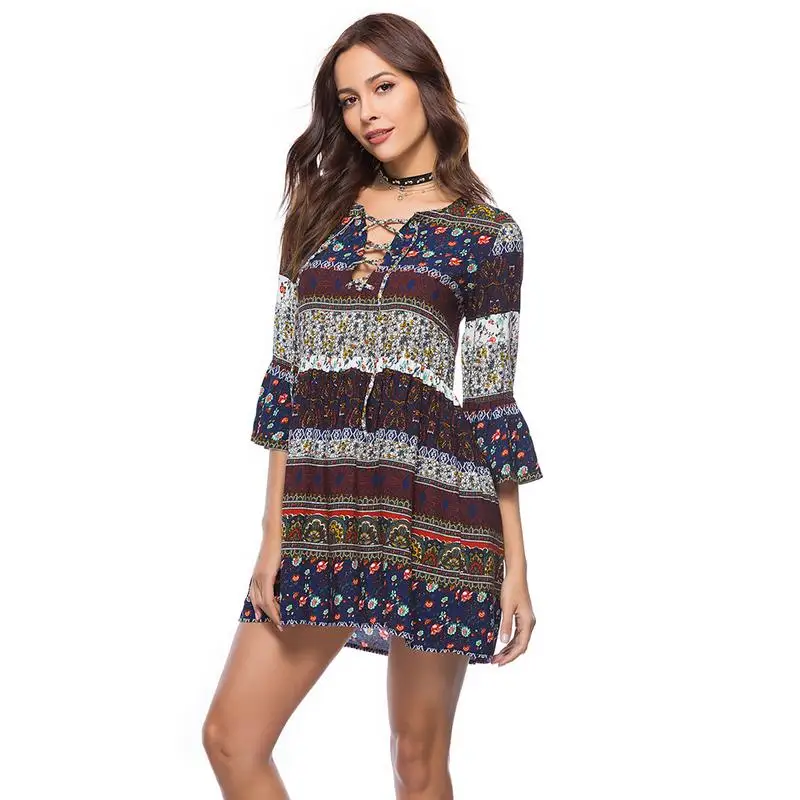 Boho Летнее платье с коротким рукавом цветочный принт v образный вырез на шнуровке