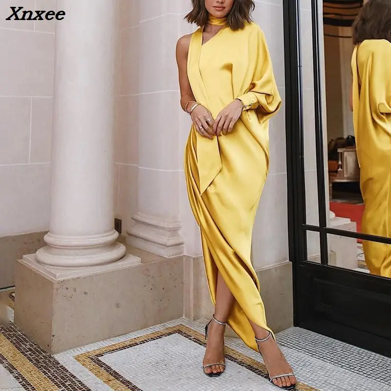 

2018 Summer New Fashion Women Elegant Prom Long Party Dress Female Choker One Shoulder Scrunch Slit Side Asymmetrical Maxi Dress