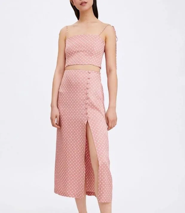 Летний короткий комплект из двух предметов в горошек милый розовый пляжные топы