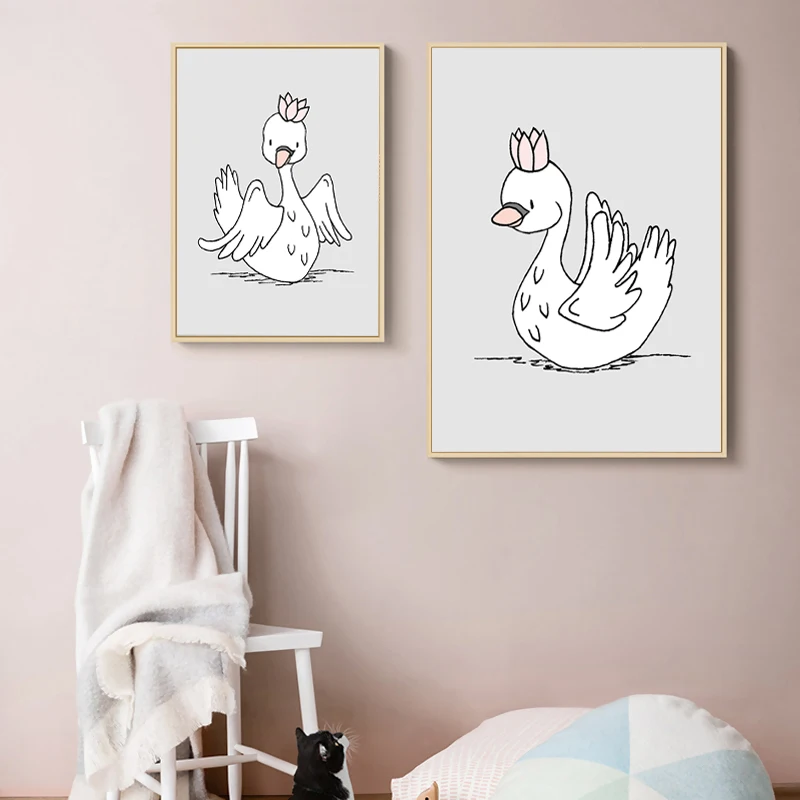 Swan Nursery Decor Nordic Posters and Prints Wall Art Canvas Painting Cartoon Animal Pictures Baby Girl Boy Room Decoration | Дом и сад