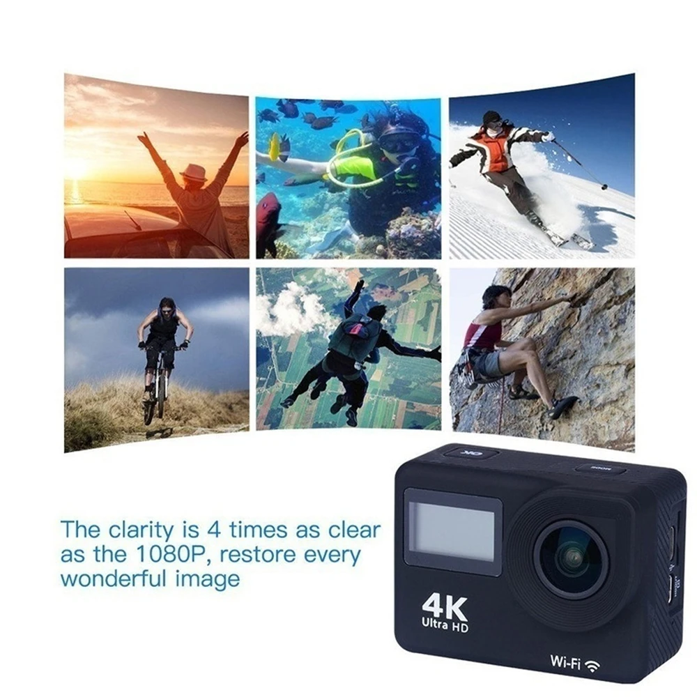 Экшн камера с сенсорным экраном 4K Wi Fi двойной экран Ultra HD 30 м водонепроницаемая