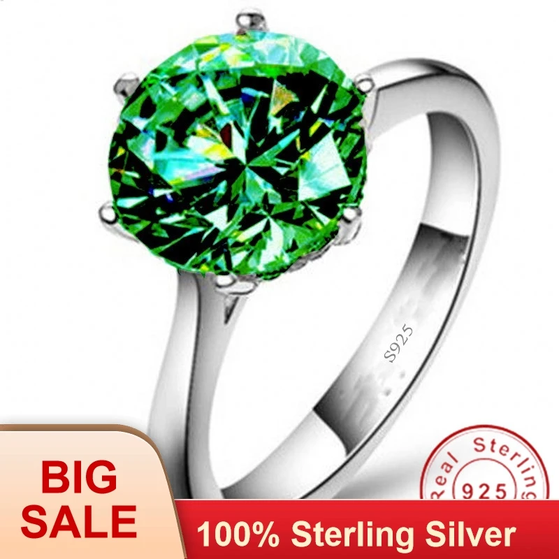 

Классическое ювелирное изделие, однотонное серебряное кольцо, кольцо солитер 3 карата с зеленым цирконием AAAAA, кольца для женщин на годовщин...