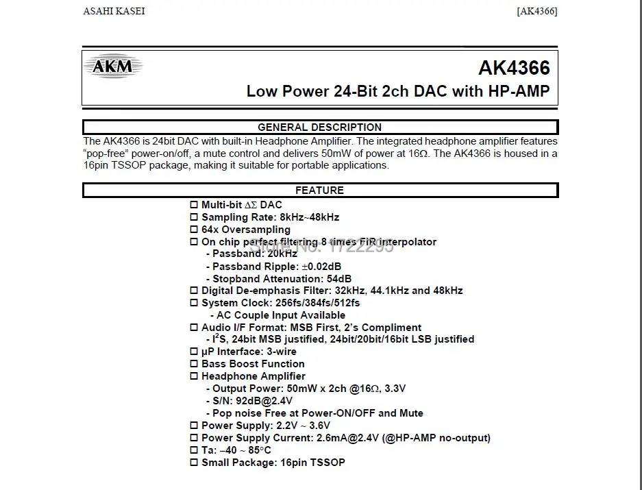1 шт. AK4366VT AK4366VT-E2 AKM4366 TSSOP16 низкая мощность 24-бит 2ch DAC с HP-AMP для усилителя наушников |