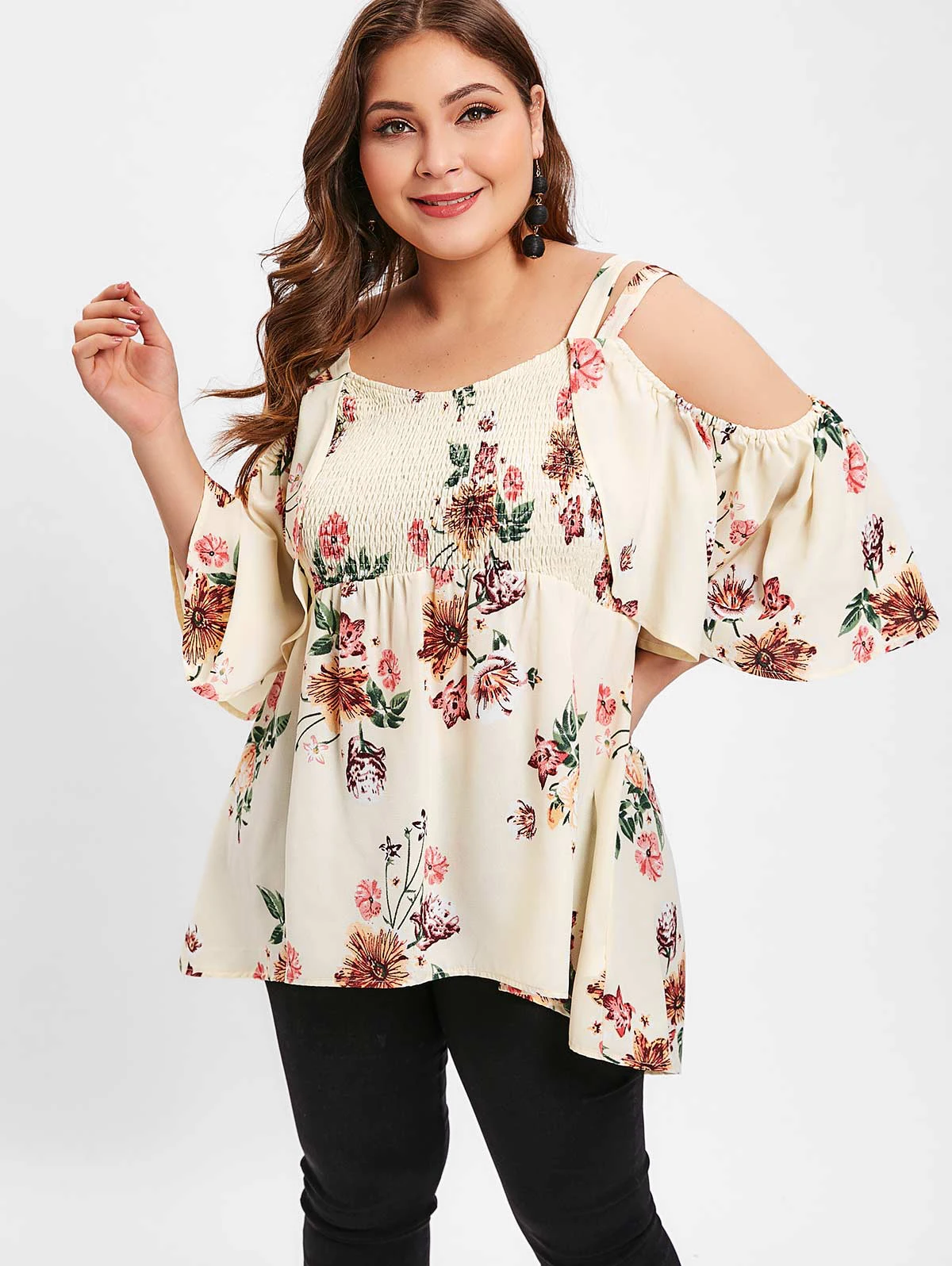 Женская блузка VESTLINDA с цветочным принтом глубоким вырезом на плечах большие