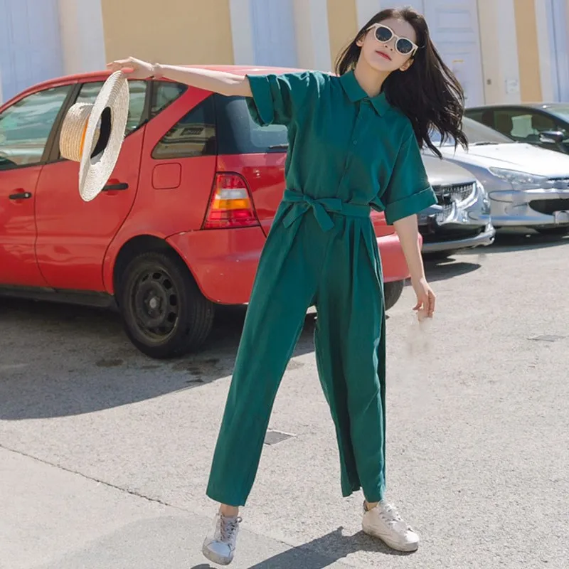 Женский комбинезон с коротким рукавом Зеленый Свободный широкими ножками и