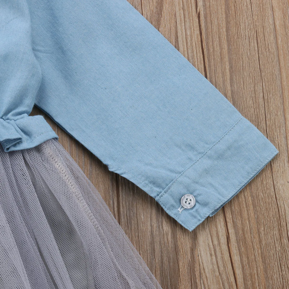 Милое джинсовое платье с отворотным воротником и сеткой для маленьких девочек |