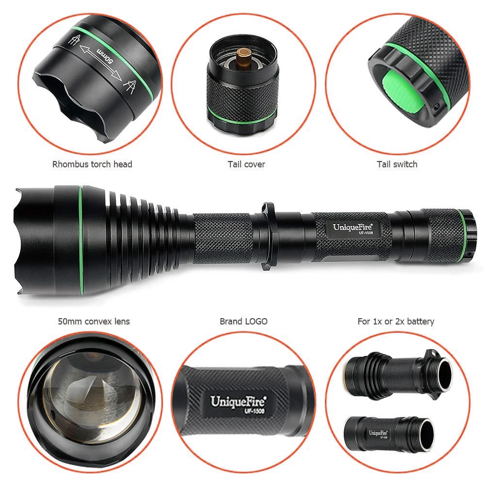 UniqueFire 1508 T50 XRE (зеленый/красный/белый) светодиодный фонарик 3 режима фокусируемая