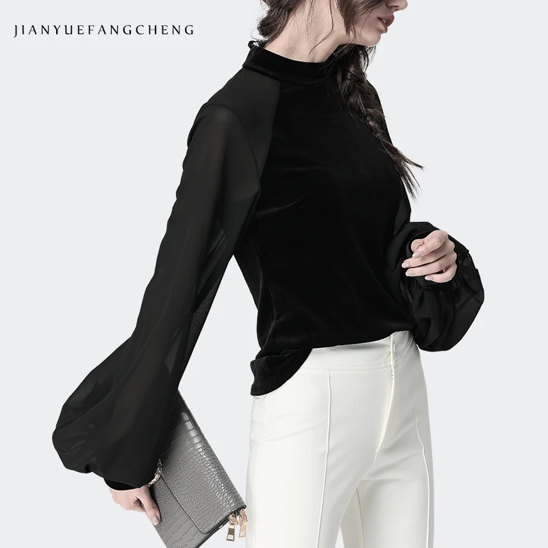 2019 Цвет Черный Сезон весна осень велюровая блузка с рукавом фонариком длинными
