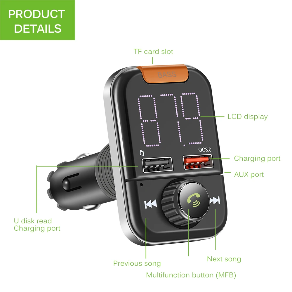 

Bluetooth 5.0 FM Transmitter MP3 Music Player Support High Quality Bass DC12V-24V Hands-free Call Wireless Car Kit