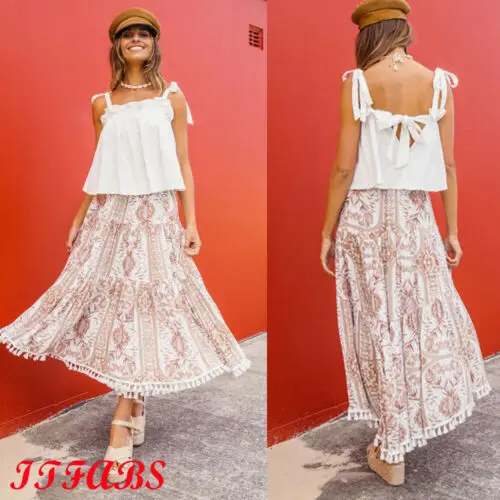 

2019 New Women Vintage Ruffle Summer Beach Party Boho Patchwork Long Retro Skirts