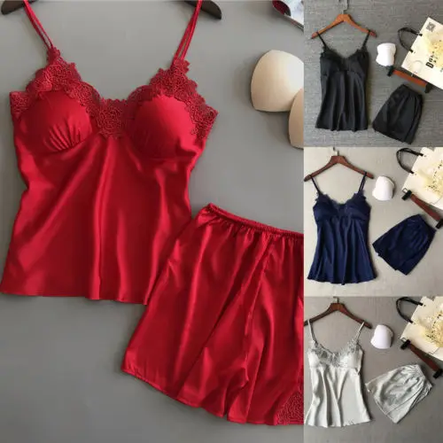 2 шт. Женская Сексуальная атласная пижама с кружевом нижнее белье Babydoll ночная