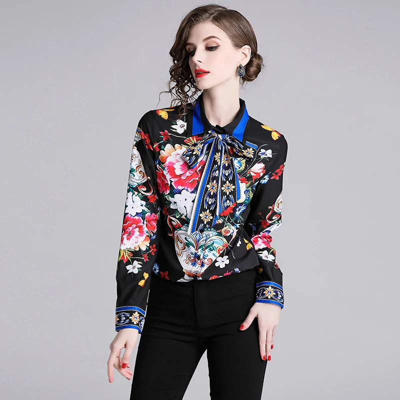

Spring new European and American fashion blue and white porcelain print lapel positioning flower long-sleeved shirt