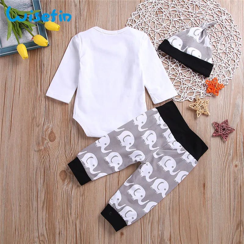 Wisefin Set Baby Clothes Cartoon Elephant Newborn Boy Outfits Animal Clothing For Girl 3Pcs Bodysuits+Pants+Hat | Детская одежда и