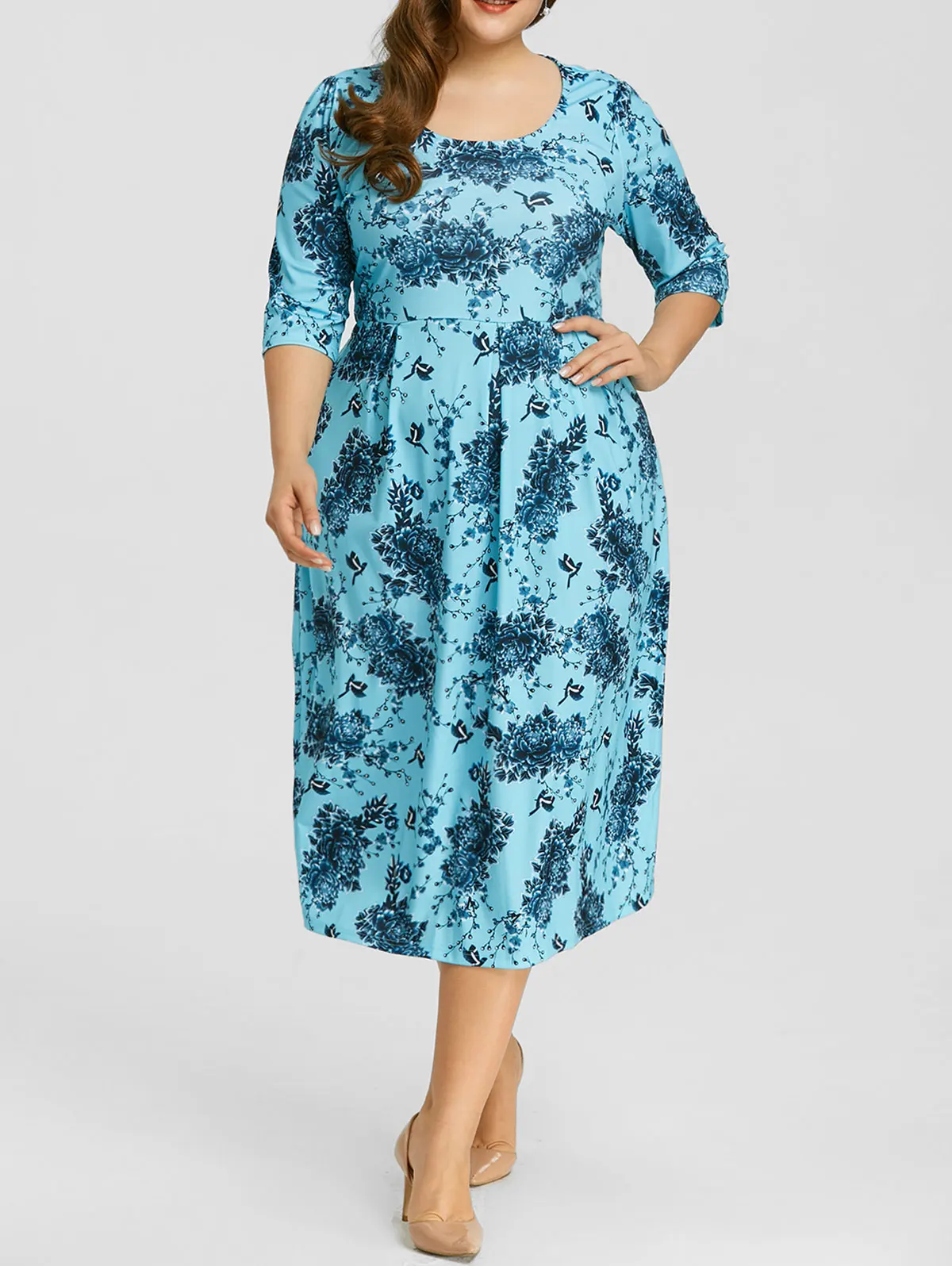 2019 Весна Женщины A Line Midi Dress Плюс Размер Цветочный Принт 3/4 Длина Рукава Осень