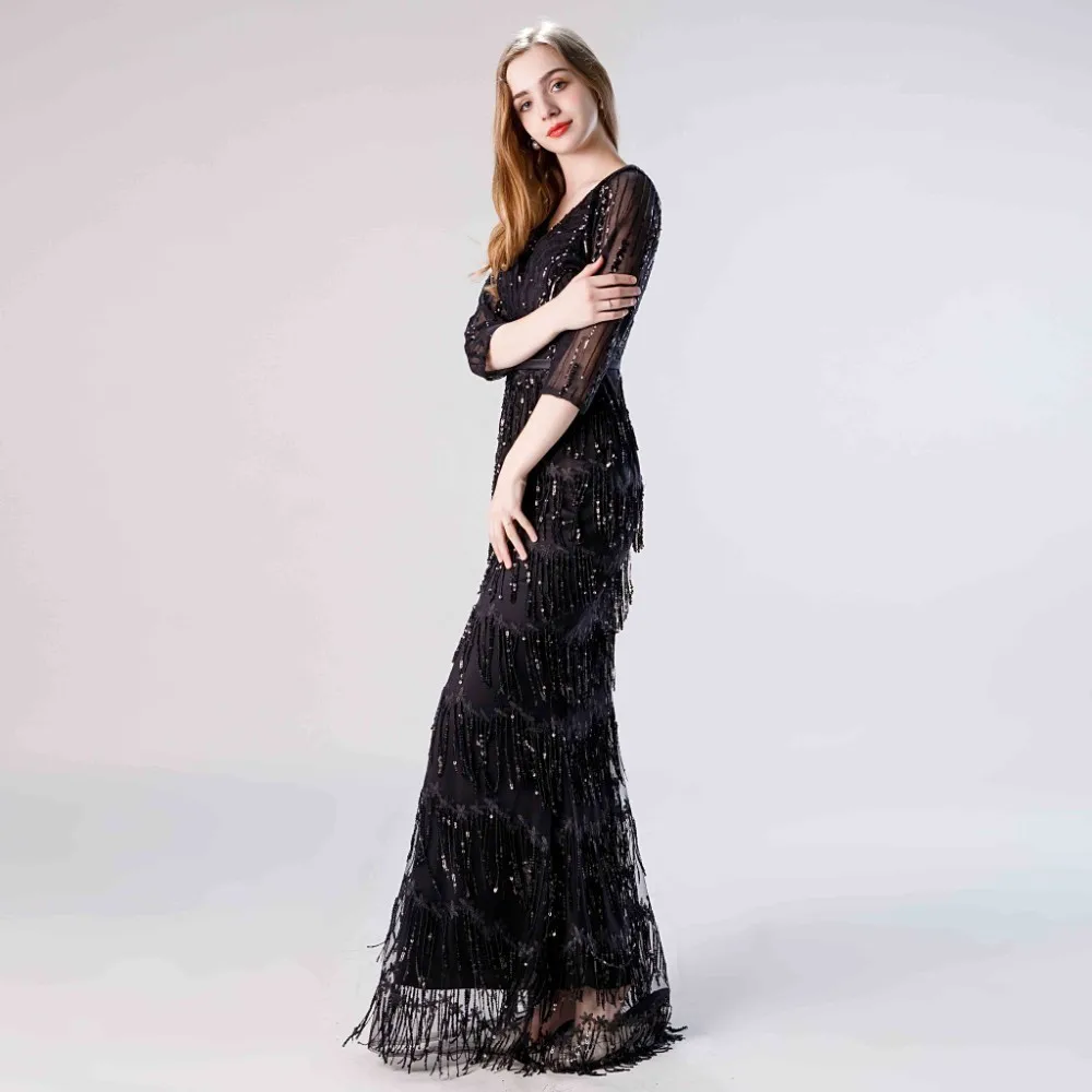 Винтажное черное платье с блестками и двойным треугольным вырезом Vivian's Bridal