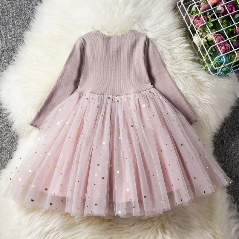 2019 New Autumn Winter Girls Children Princess Dresses Cute Spelling Five-pointed Star Gauze O-neck Long Sleeve Dress | Детская одежда