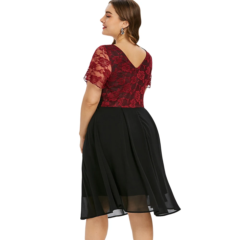 Rosegal Plus Size Dress Bowknot Embellished V Neck Lace Trim Two Tone A-Line Dresses Vintage Party 2018 Vestidos De Fiesta | Женская