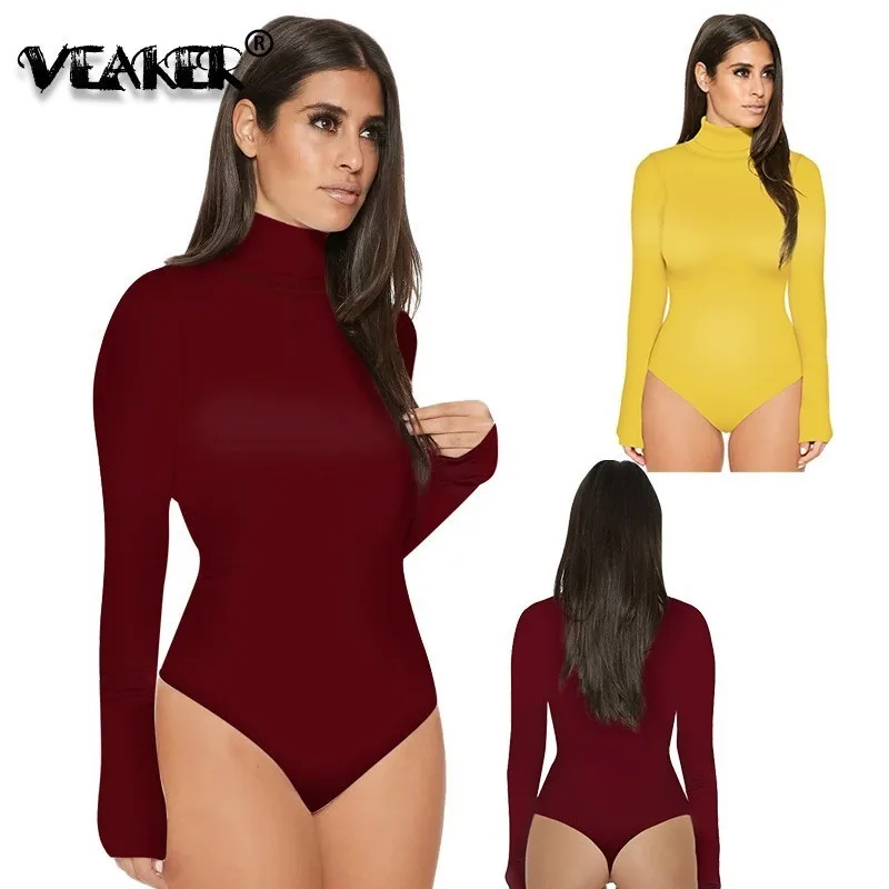 

Women Sexy Undershirts Heap Collar Ladies Siamese Long Sleeve Bodysuits Night Club Female One Piece Elastic High collarBody suit
