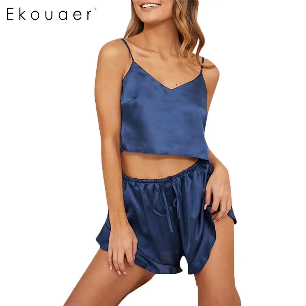 Ekouaer летние шорты пижамы наборы женские атласные Cami Топ Спагетти ремень