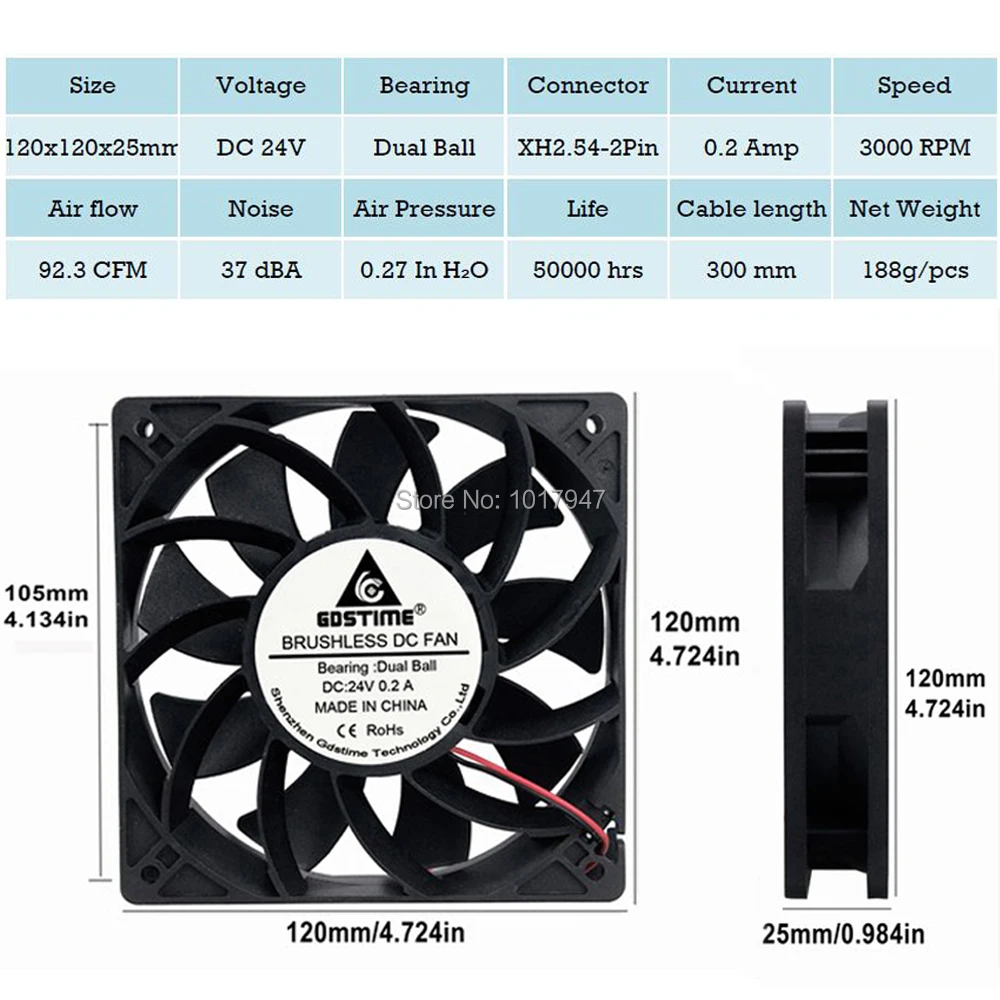 Gdstime 120 мм 12025 DC 24V 2Pin 120x120x25 12 см двойной шариковый подшипник высокого давления