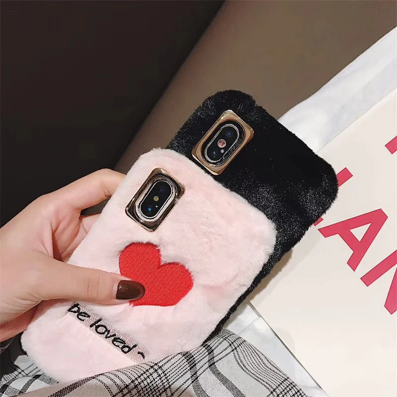 Plush Mobile Phone Case For IphoneX XR Xs MAX Fashion Love Embroidery Fur 6 7 8plus Soft Shellphone | Мобильные телефоны и