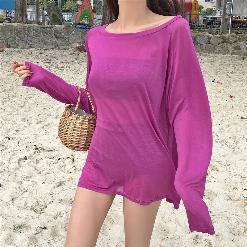 EWQ 2019 Spring Summer Women Thin Long Sleeve Tee Shirt Casual Female Sunscreen Loose Slim All-match Blouse Women's HD898 |