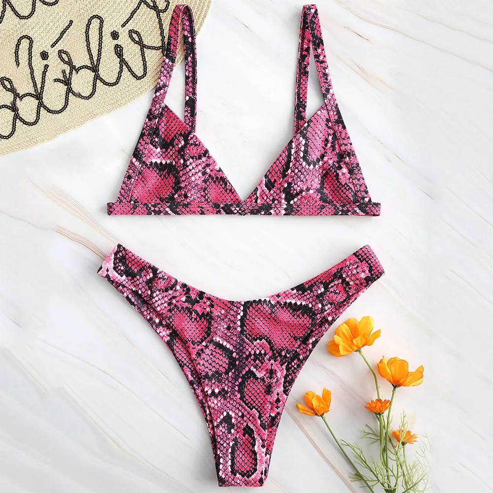 ZAFUL Комплект из двух частей змеиной принтом с высоким вырезом женщины комплект